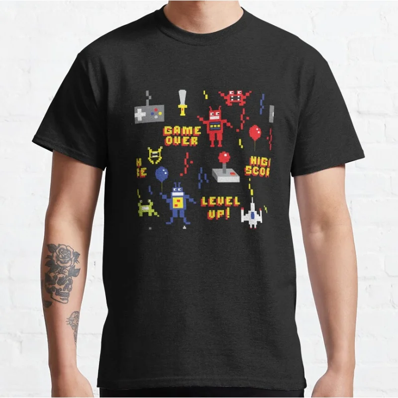 

Retro and cute pixel Arcade pattern with text robots space ships controllers 80s Arcade Game 8 bit pixel T-shirt large size Tops