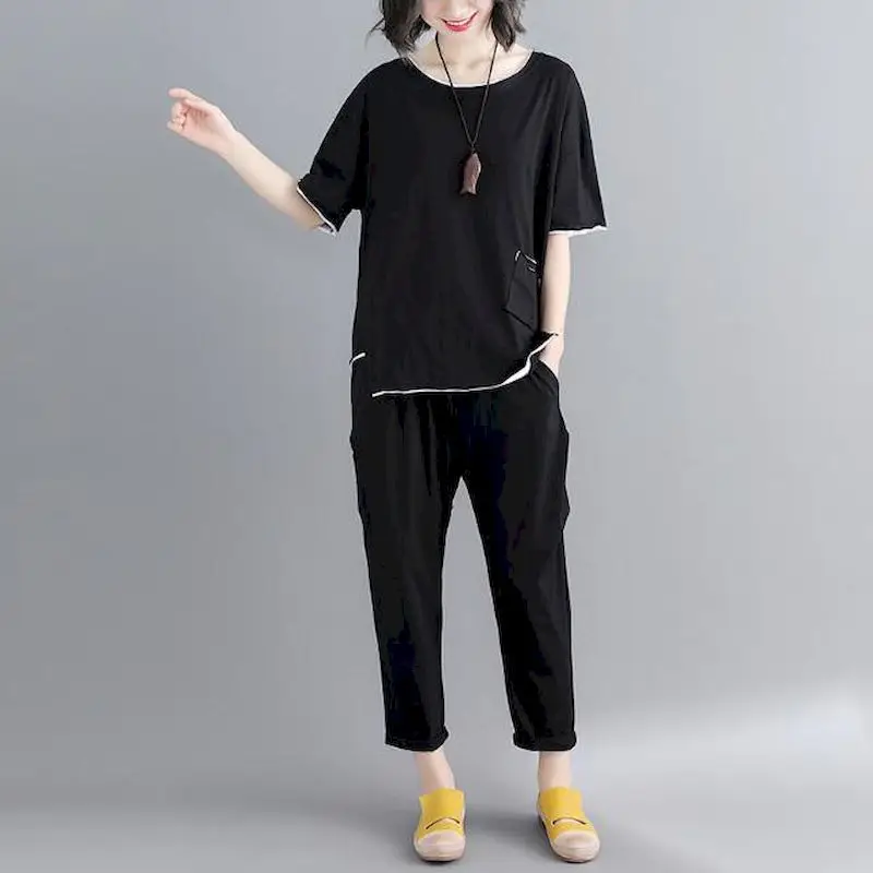 

Oversized Summer Sets for Women Korean Style Artistic Splicing Color Blocking Short Sleeved T-shirt Cropped Pants Two-piece Set