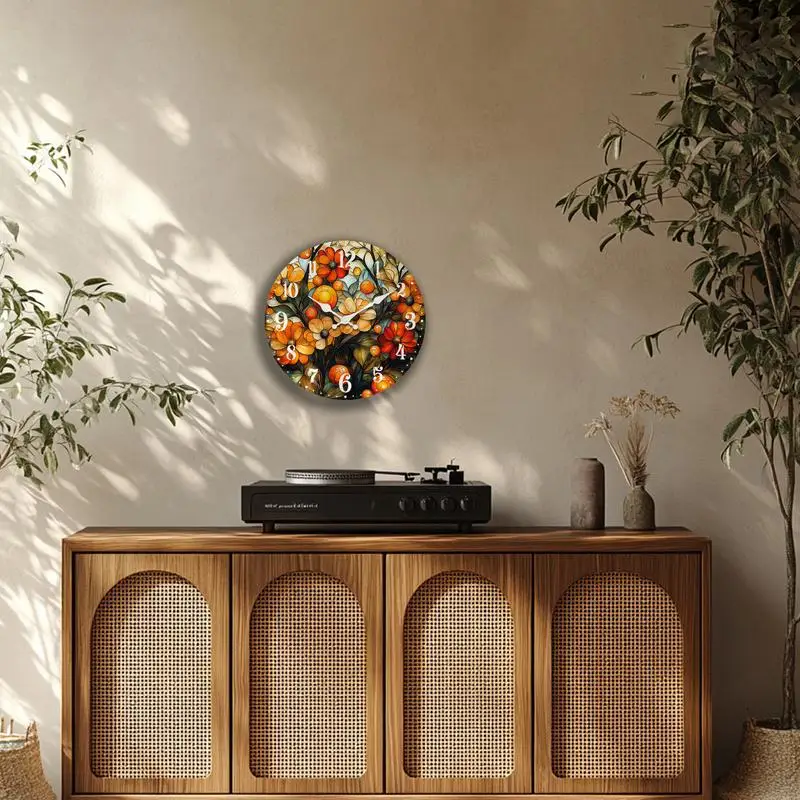 1 قطعة 2D-مسطحة مجردة نمط الأزهار الكوارتز جولة التناظرية خشبية ساعة حائط صامتة عظيمة لديكور المنزل هدايا عيد الميلاد الخ #4