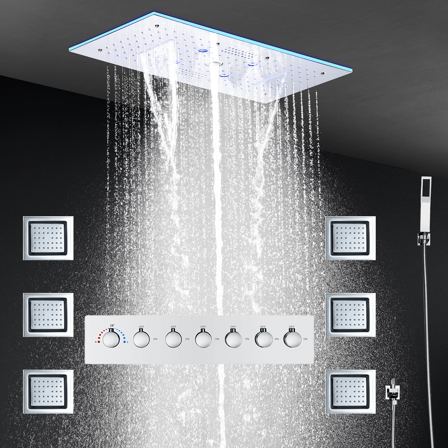 24x12 Inch 600x300mm Bluetooth Music LED Shower Head Panel Faucet Rain Mist Waterfall Column Thermostatic Mixer Valve Set