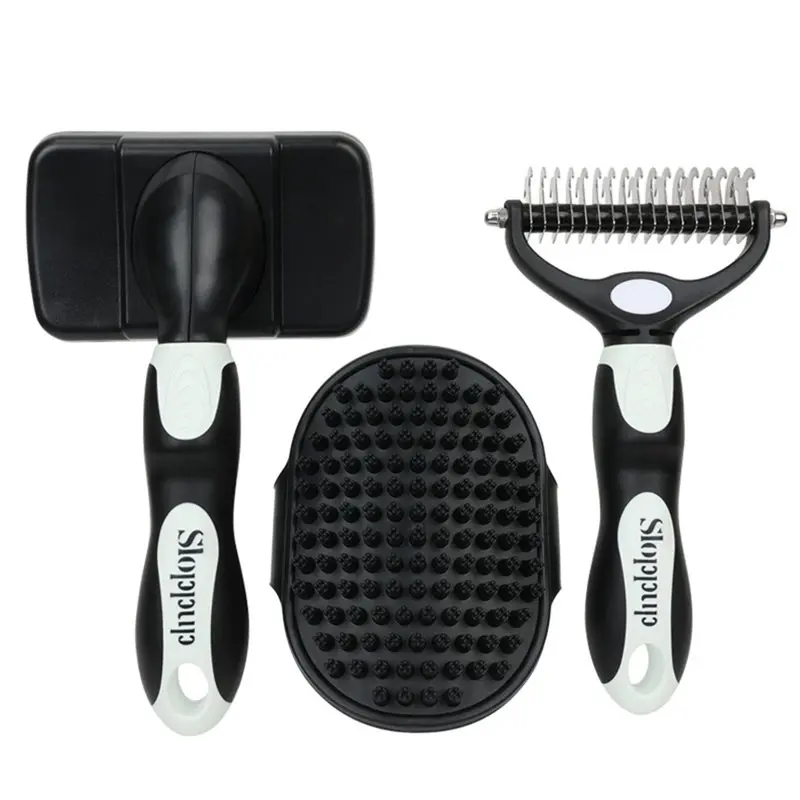 NEW HOT In Stock-3PCS For Dogs, Cats& Horses Pet Grooming Kit-Slicker Brush, Rake Bath Brush Skin-Friendly,Self-Cleaning Tools