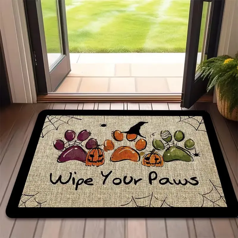 VIKAMA Halloween Wipe Your Paws Dog Paw Pumpkins Small Square Rug, Crystal Velvet Non Slip Washable Absorbent Entry Doormat