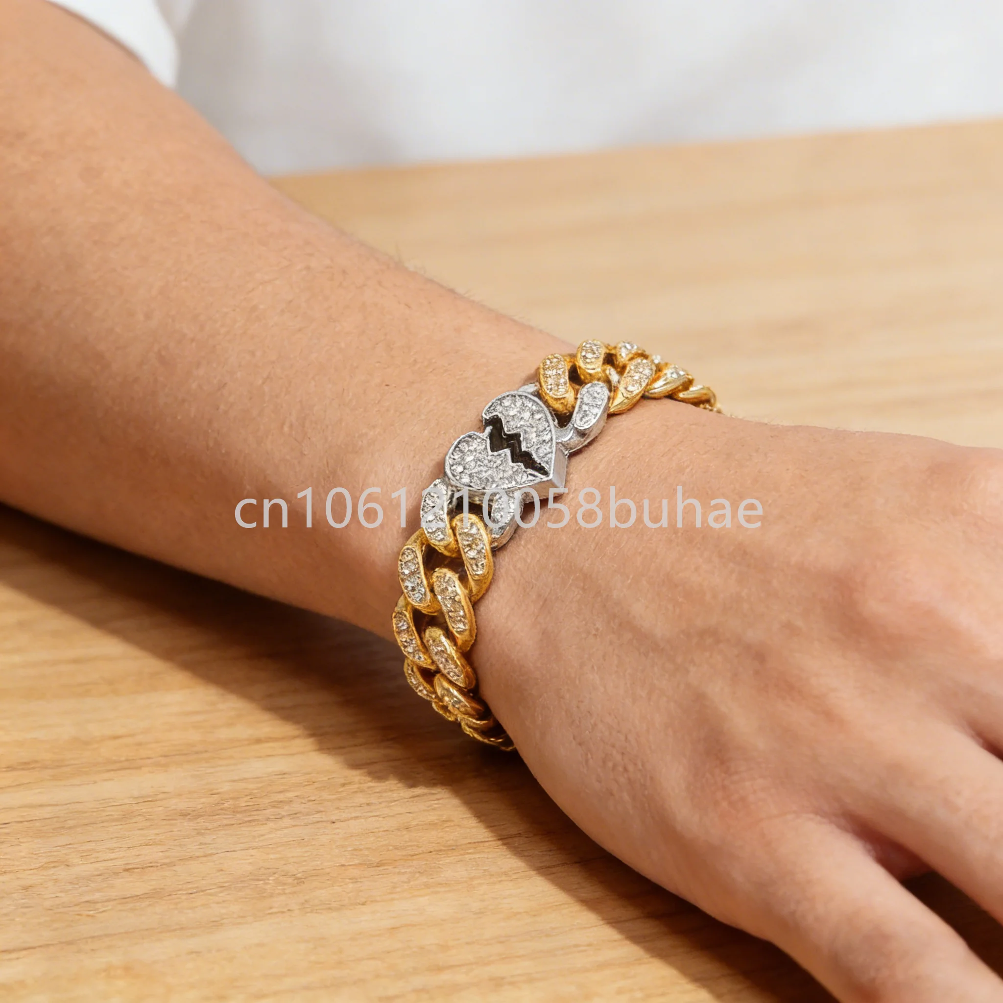 Hip Hop Broken Heart Cham Jewelry 13mm Miami Curb Cuban Chain Anklet Bracelet Gold Silver 2tone Color Bling CZ Stone Iced Out