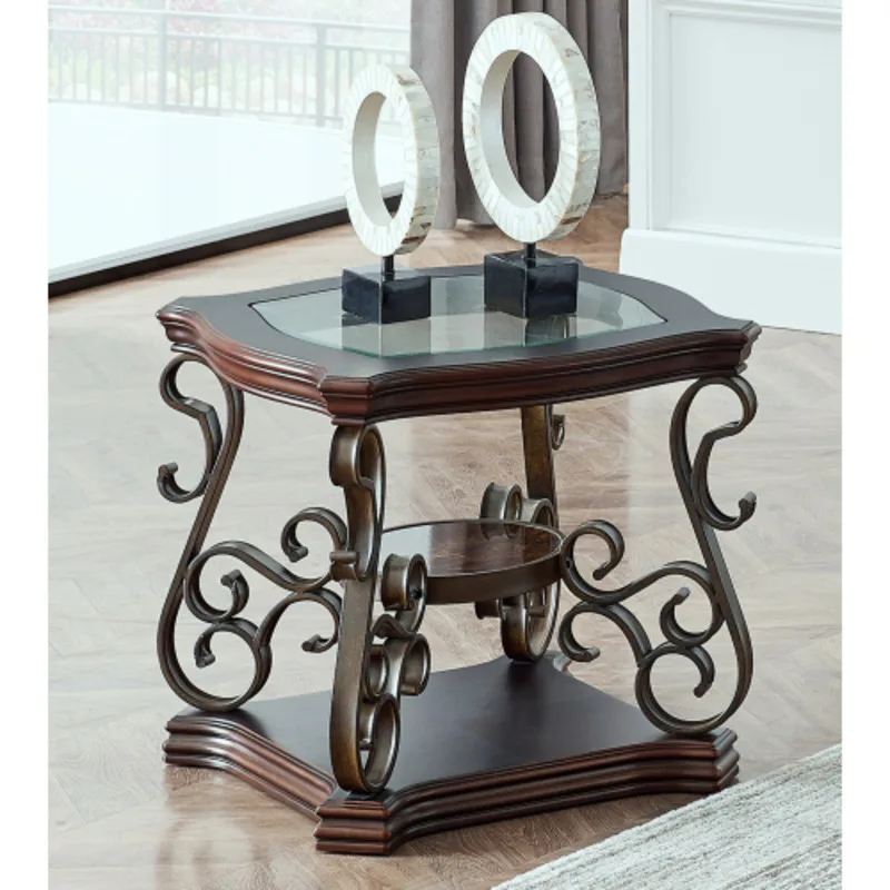 End Table Glass Table Top MDF W/Marble Paper Middle Shelf Powder Coat Finish Metal Legs