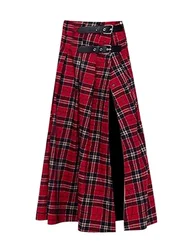 Ruibbit Red Plaid Long Buckle Pleated Skirt Sexy Spicy Girl Wrapped Belt Slit Half Length Skirt