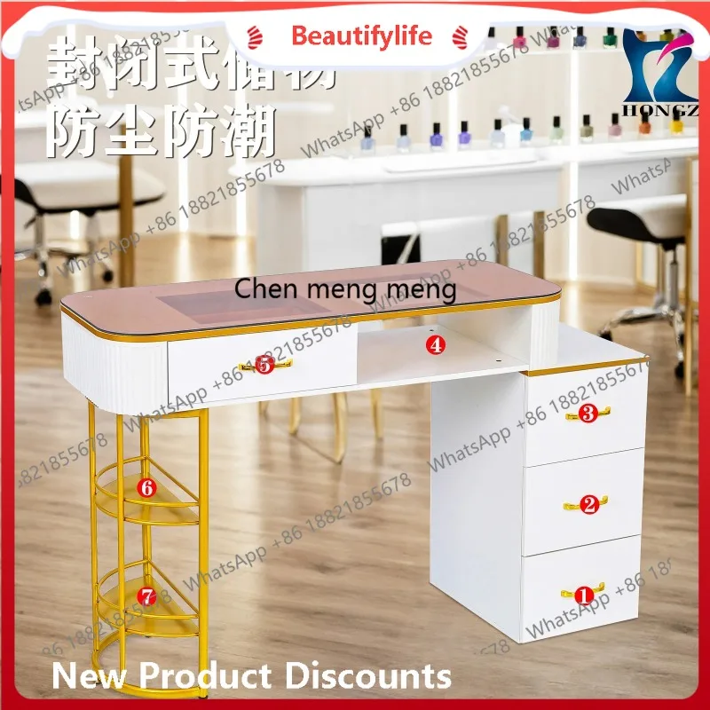 

A50 White manicure table, brown glass countertop with drawers for nail salons