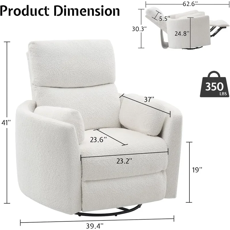 Power Recliner Nursery Sofa Teddy Swivel Rocking White
