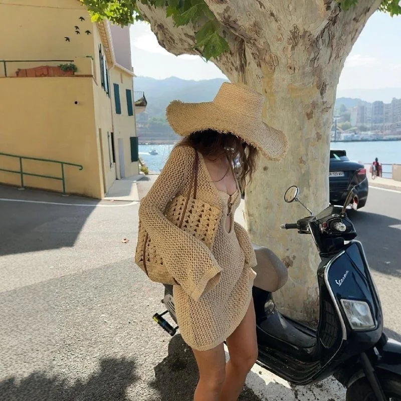 Vintage Khaki Crochet Knit Dress for Women Sexy Hollow Out Flare Sleeve Bodycon Beach Cover Up Sun Protection Vacation Outfit