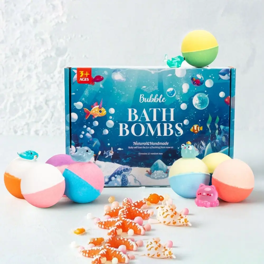 12pcs-set-ocean-theme-bath-bombs-with-surprise-color-changing-spa-built-in-surprise-toys-children's-bath-salt-ball-soothing-bath