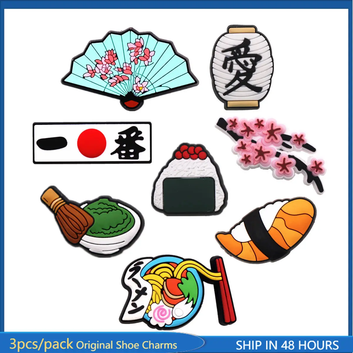 3 Pack Original Japanese Style PVC Shoe Charms Sashimi Designer Sandal Upper Decorations Accessories Sakura Fan Clog Pin Buckle