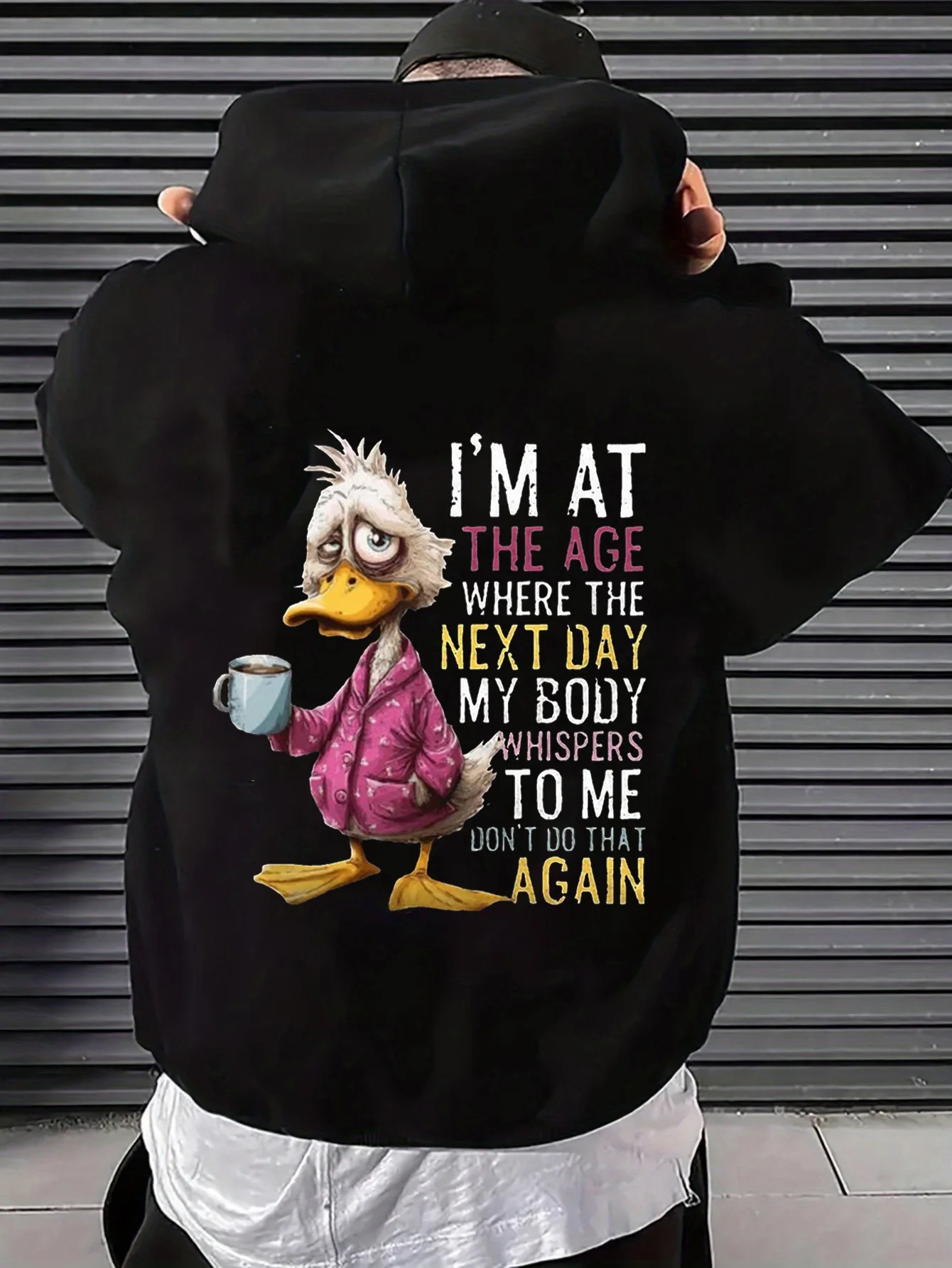 Men's Hooded Sweatshirt, Black Trendy Cartoon Duck with Sharp Feathers Humorous Graphic Design, Oversized Long-Sleeve Casual Comfortable Daily Wear Street Fashion
