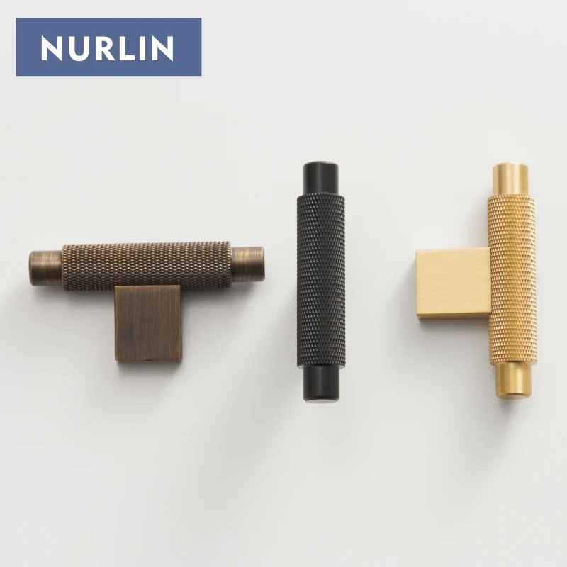 Nurlin Solid Brass Knurling Antique Brass Cross Pattern Cabinet Knob Cupboards T-bar Furniture Refrigerator Door Kitchen Pull