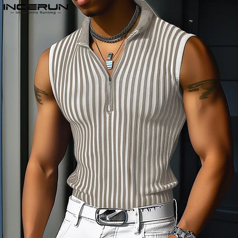 INCERUN Tops 2024 American Style Fashion Men Striped Design Vests Summer Casual Streetwear Male Lapel Sleeveless Tank Tops S-5XL