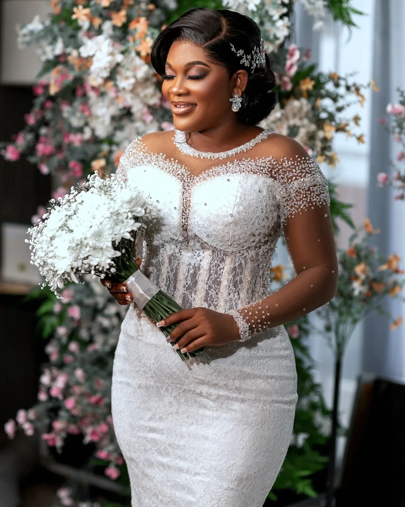 Robe de Mariée Sirène en Dentelle Ivoire, Grande Taille, Strass Perlés, Manches sulf, Cou Transparent, Patients, Quelles que soient les Robes, ZJ047, 2024