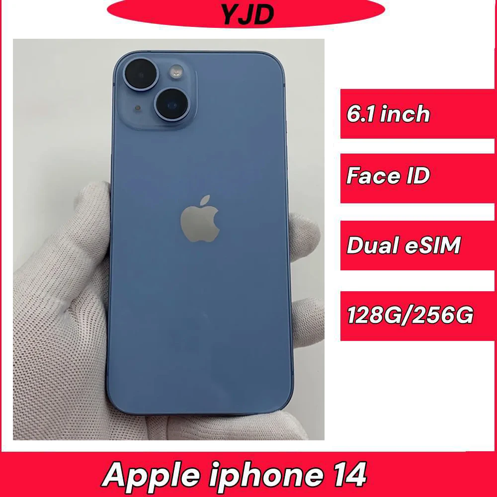 iPhone 14 5G de APPLE usado, 99% nuevo, teléfono móvil con doble eSIM, 128GB/256GB de ROM, Face ID, pantalla Super Retina OLED de 6.1 pulgadas, 12MP, NFC, A15, sistema operativo iOS, teléfono inteligente.