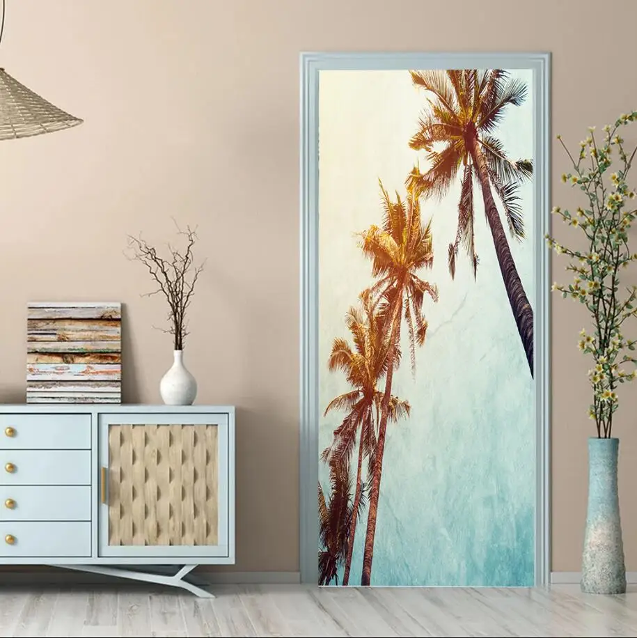 

Custom Tall palm trees light blue sky Photo of door sticker mural Self Adhesive Waterproof entrance decorative wallpaper