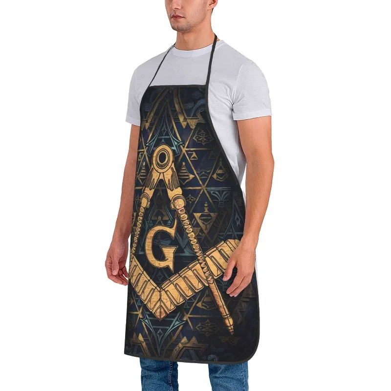 1pc BBQ Apron Symbol Classic Vintage Freemason-Inspired Apron - Dark Blue & Golden Geometric Print, Durable Kitchen & Craft Apro