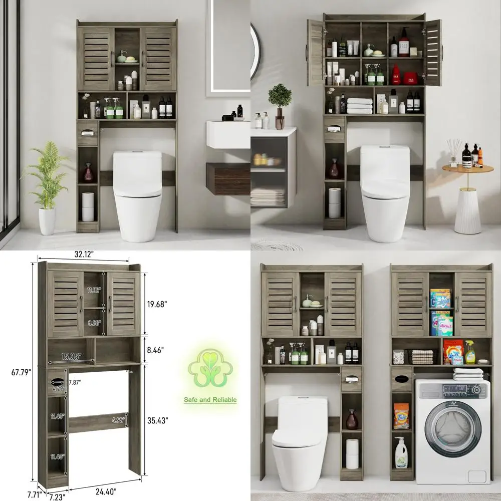 

Over Toilet Storage Cabinet Farmhouse Style with Louvered Doors - Space-Saving Bathroom Rack for Home