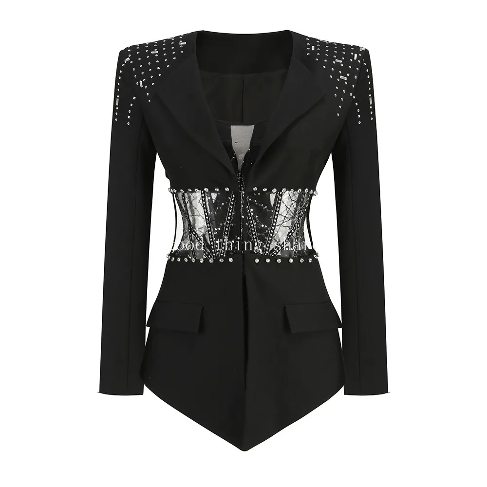 One-Piece Shorts Suit Sexy Cutout Waist-Tight Slimming Inner Rhinestone Long Sleeve Suit Two-Piece Set