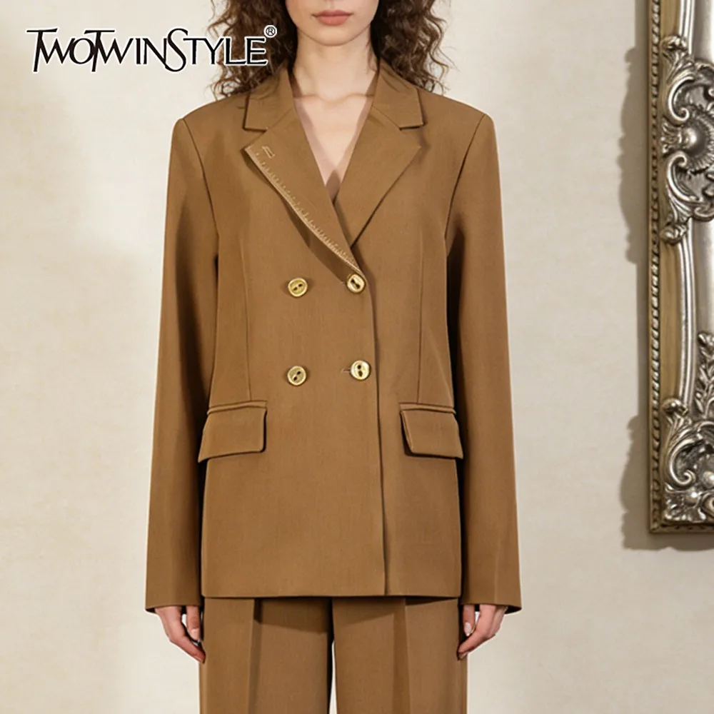 TWOTWINSTYLE Vintage Embroidery Jaclet for Women Notched Collar Long Sleeve Patchwork Double Breasted Formal Slim Blazer Female