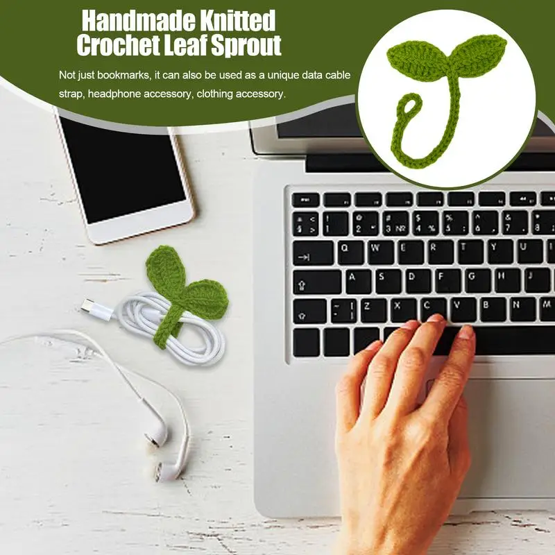 Creativo lavorato a maglia all'uncinetto foglia germoglio dati cavo cinghia fatto a mano lavorato a maglia foglia verde segnalibro accessori per cuffie regalo artigianale fai da te