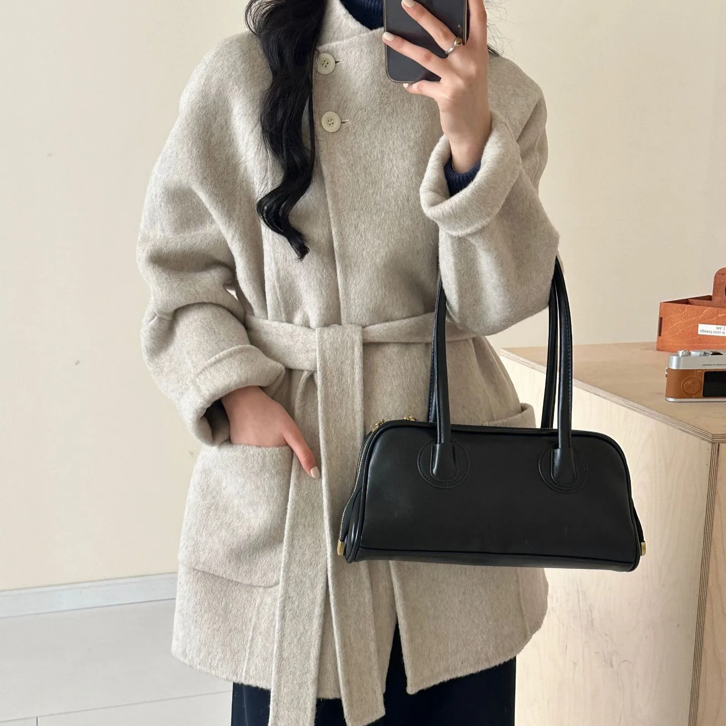 

Женское полушерстяное пальто с поясом на талии и воротником-стойкой, верхняя одежда, повседневная однотонная куртка