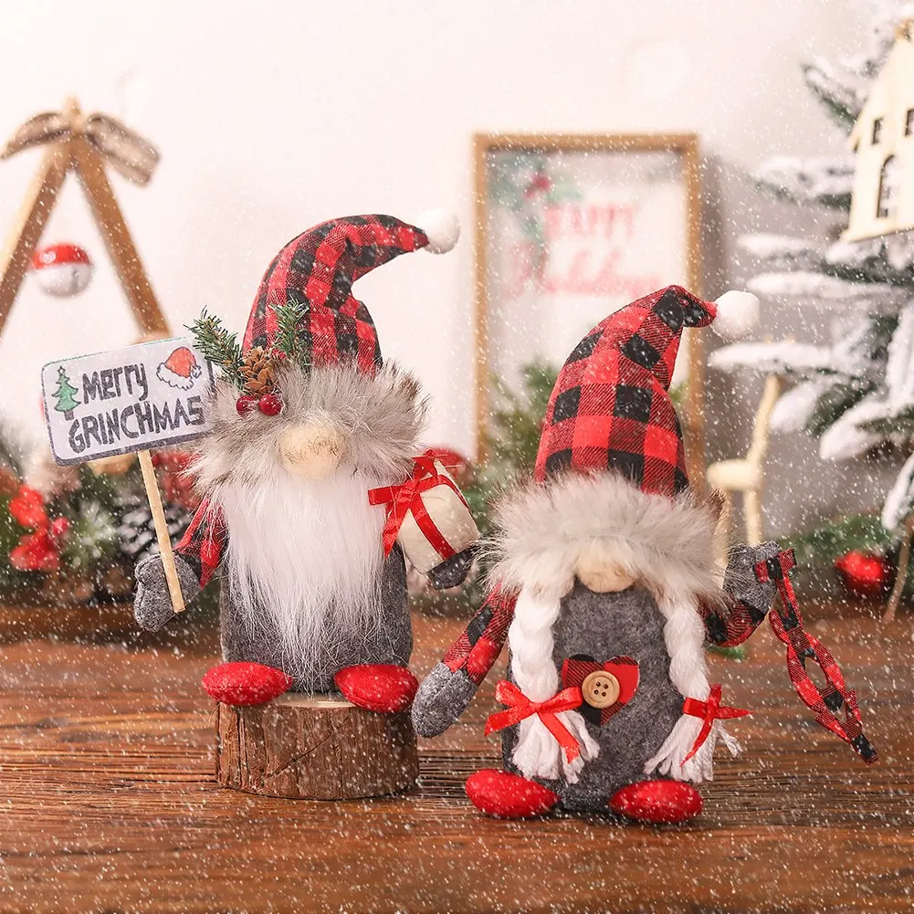 28CM Christmas Faceless Old Man Red And Black Checked Child Hat Doll Decoration Hanging Pendant Plush Gnomes For New Year Gifts