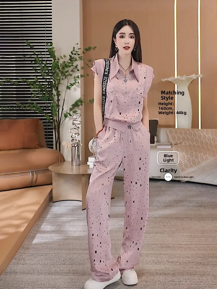 

Fashionable Two-Piece Set Women's Pink Short Sleeve Top Wide Leg Pants Commute Style Casual Wear Cotton Material Flip Collar