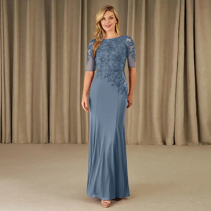 

Women's Dusty Blue Evening Gown Boat Neckline Deep V-Back Prom Dress Three-Quarter Sheer Mesh Sleeves Pageant Dress