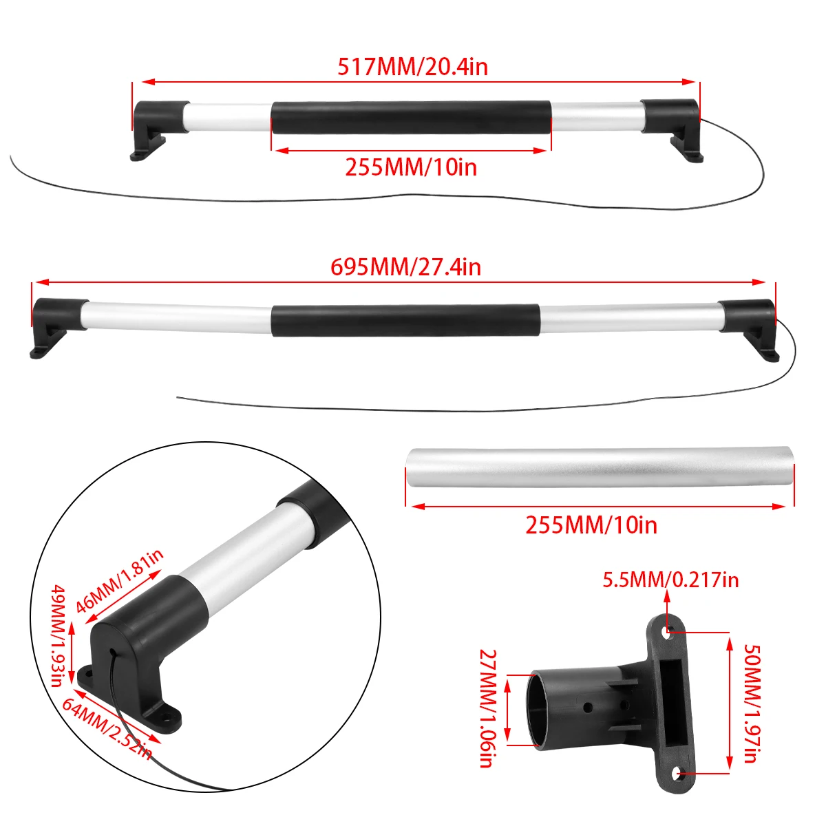 Silver RV screen window door telescopic tension rod - with automatic closing door handle - adjustable range 20.5 to 28 inches