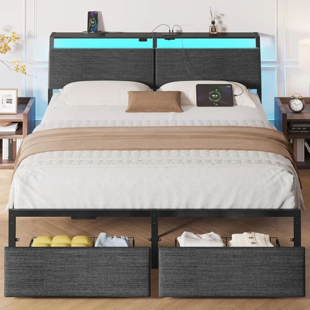 

Queen Bed Frame with Ergonomic Headboard Storage & Charging Station, Upholstered Platform Bed with LED Light & Drawer,