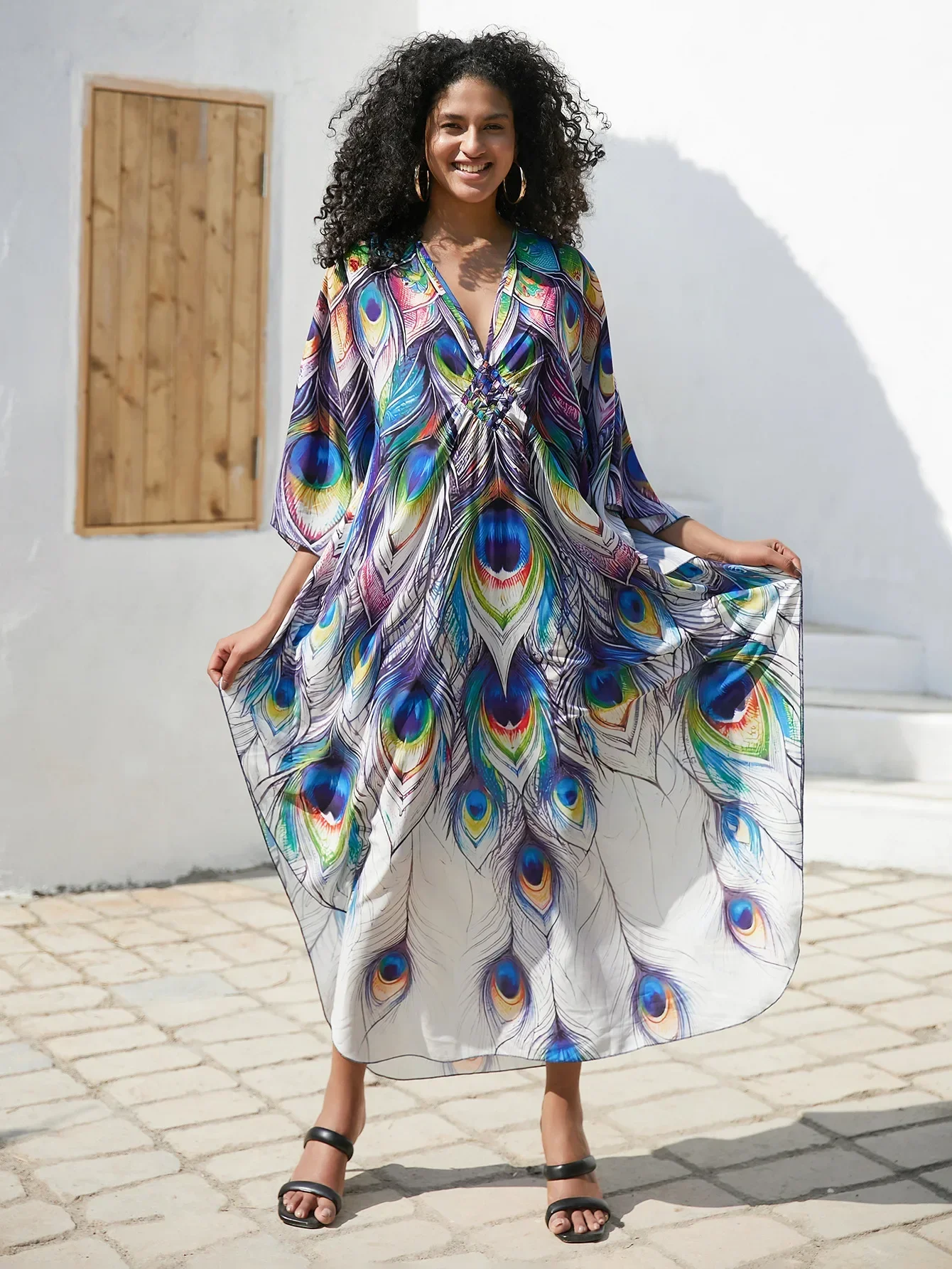 Beach Dresses Kaftans for Women Bust Hand Woven Butterfly Printed Summer Holiday Bathing Suits Dropshipping Factory Supply