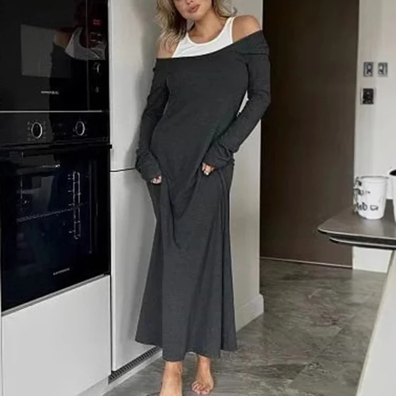 

Talenza Vest Patchwork Two Piece Women's Long Sleeve One-Shoulder Long Dress O Neck Sleeve Vest Set Lady Fashion Sexy Vest Sets