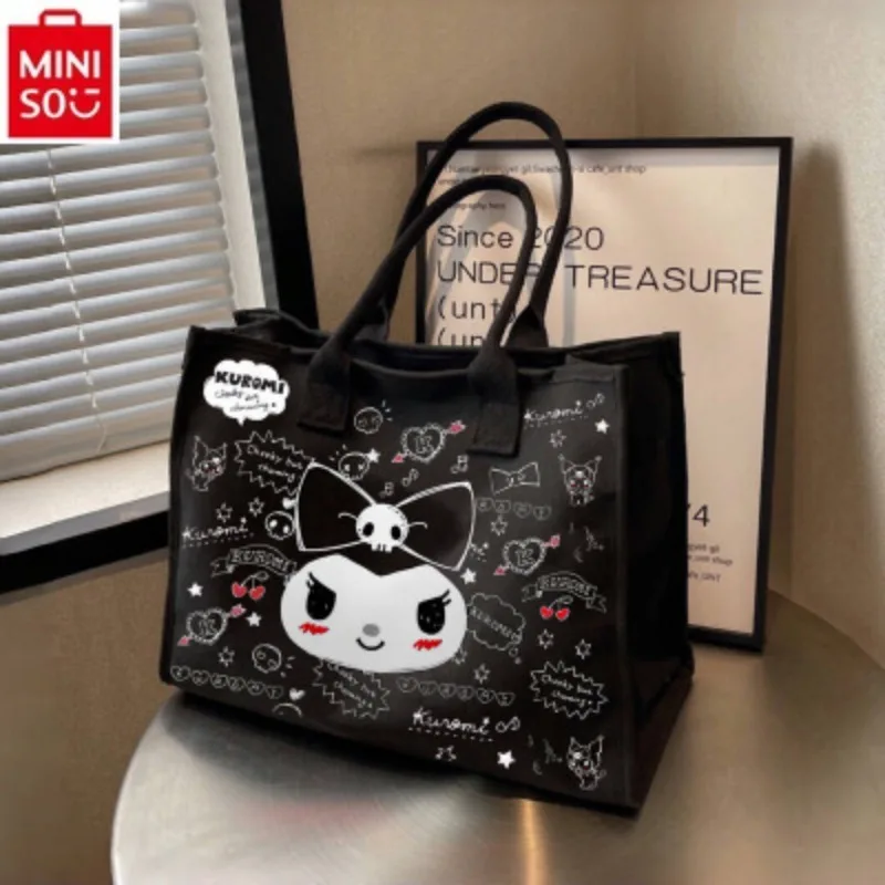 Bolso de compras de mano con estampado de dibujos animados de MINISO Sanrio Kuromi para mujer, bolso de mano de almacenamiento de gran capacidad y