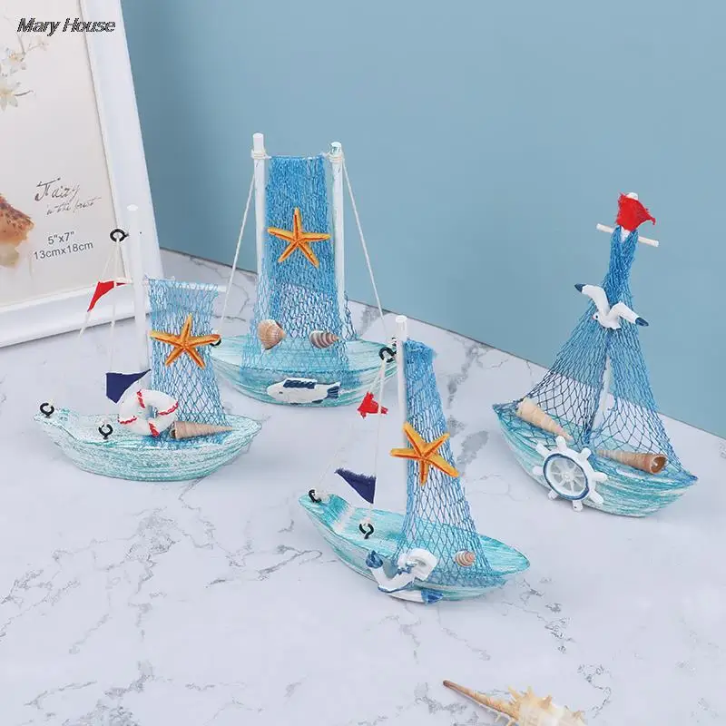 Mini Mediterranean Style Wooden Blue Sailing Boat Home Decoration Ornaments Sailing Boat Ship Wood Crafts