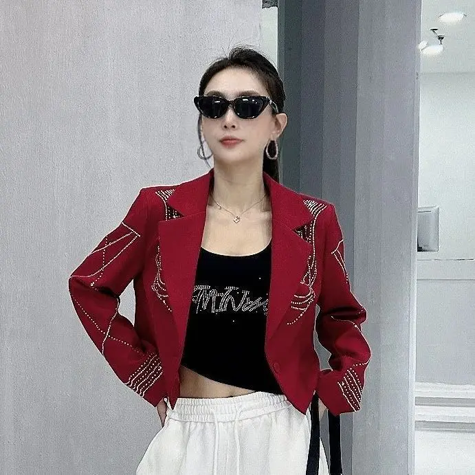 Rhinestone Irregular Short Black Blazer Jacket Stylish Trendy Internet Celebrity Luxury Small Suit Kawaii Korean Streetwear