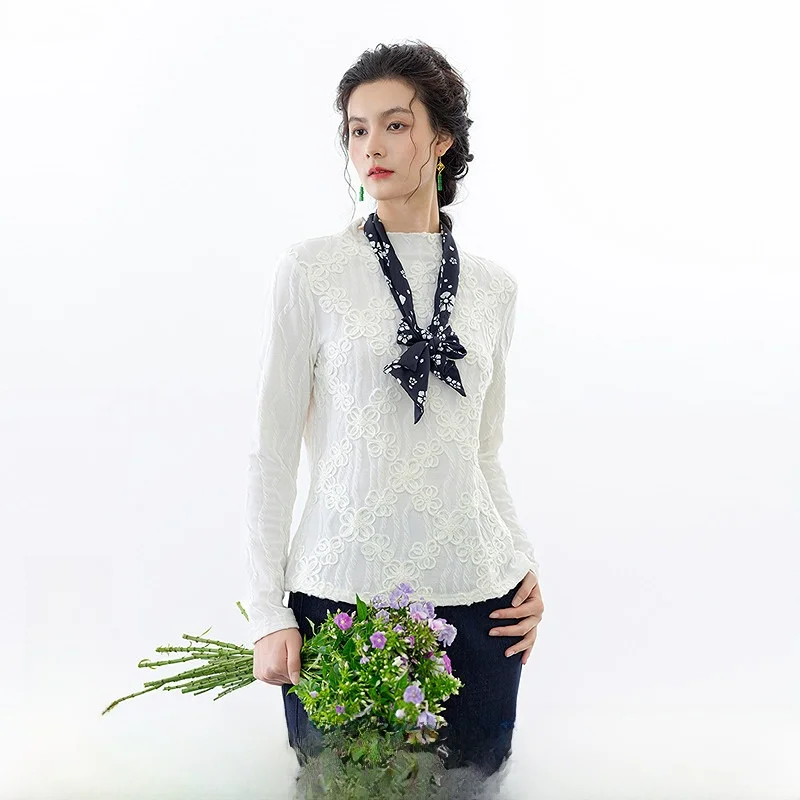 

Женская приталенная футболка с нежной вышивкой, универсальная, осенняя новинка, прямой крой, полиэстер/спандекс, длинный рукав, круглый вырез