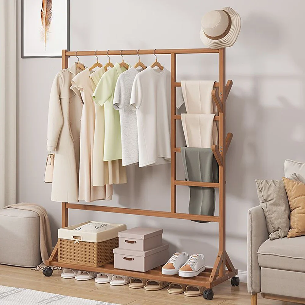

Customizable Multifunctional bamboo coat rack with wheels for hanging hats