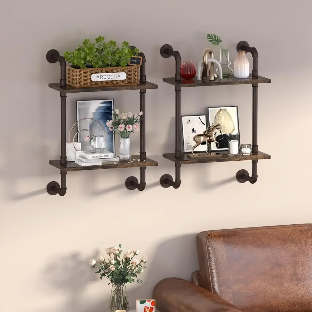 2-уровневые плавающие полки для ванной комнаты в промышленной трубе, 16-дюймовая настенная полка из дерева в деревенском стиле, стеллаж для хранения, держатель для мелочей