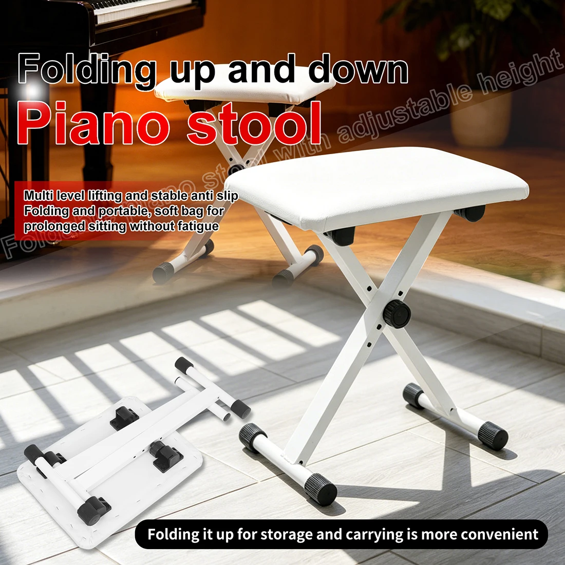 Foldable X-Frame Piano Bench Adjustable Height  Anti-Slip Feet  Waterproof & Stain-Resistant Fabric Keyboard Digital Piano Bench