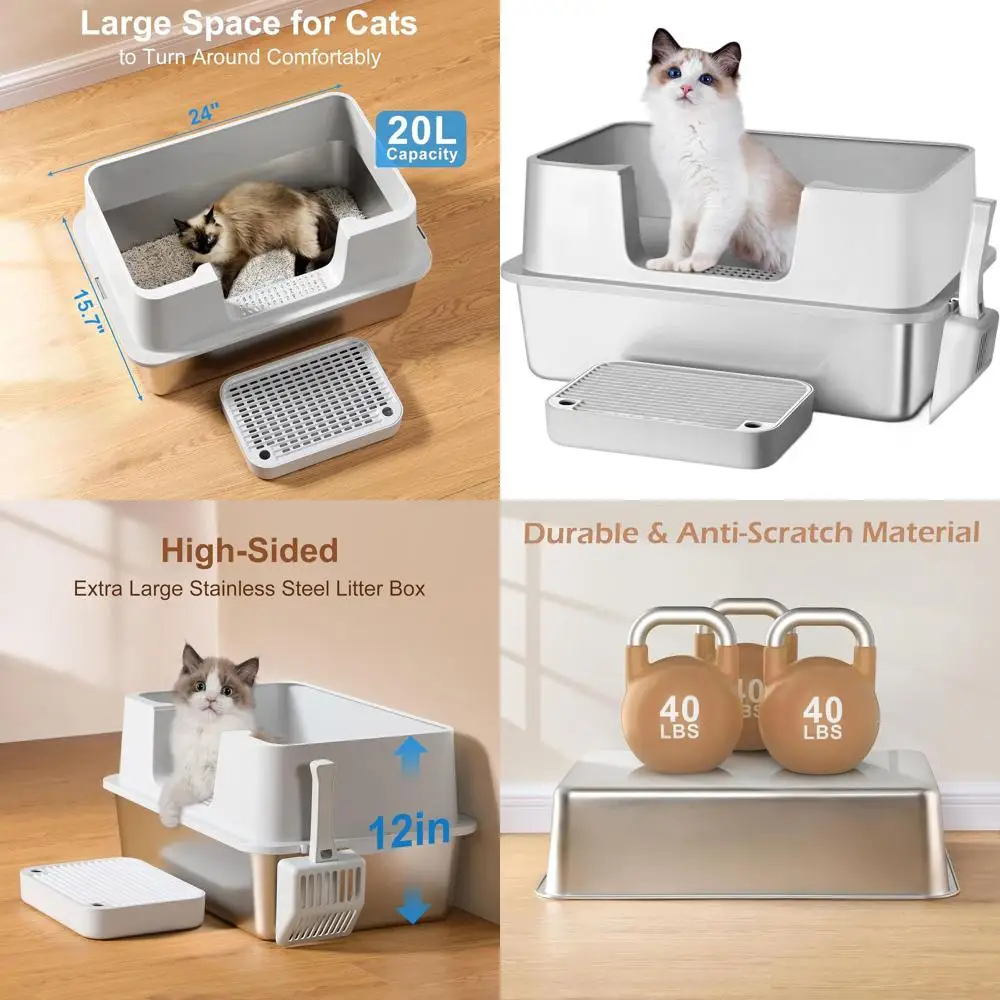 

Extra Large Stainless Steel Litter Box with Step for Big Cats - High Sides, Non-Stick, Easy Clean, Anti-Leak (Grey, Includes Sco