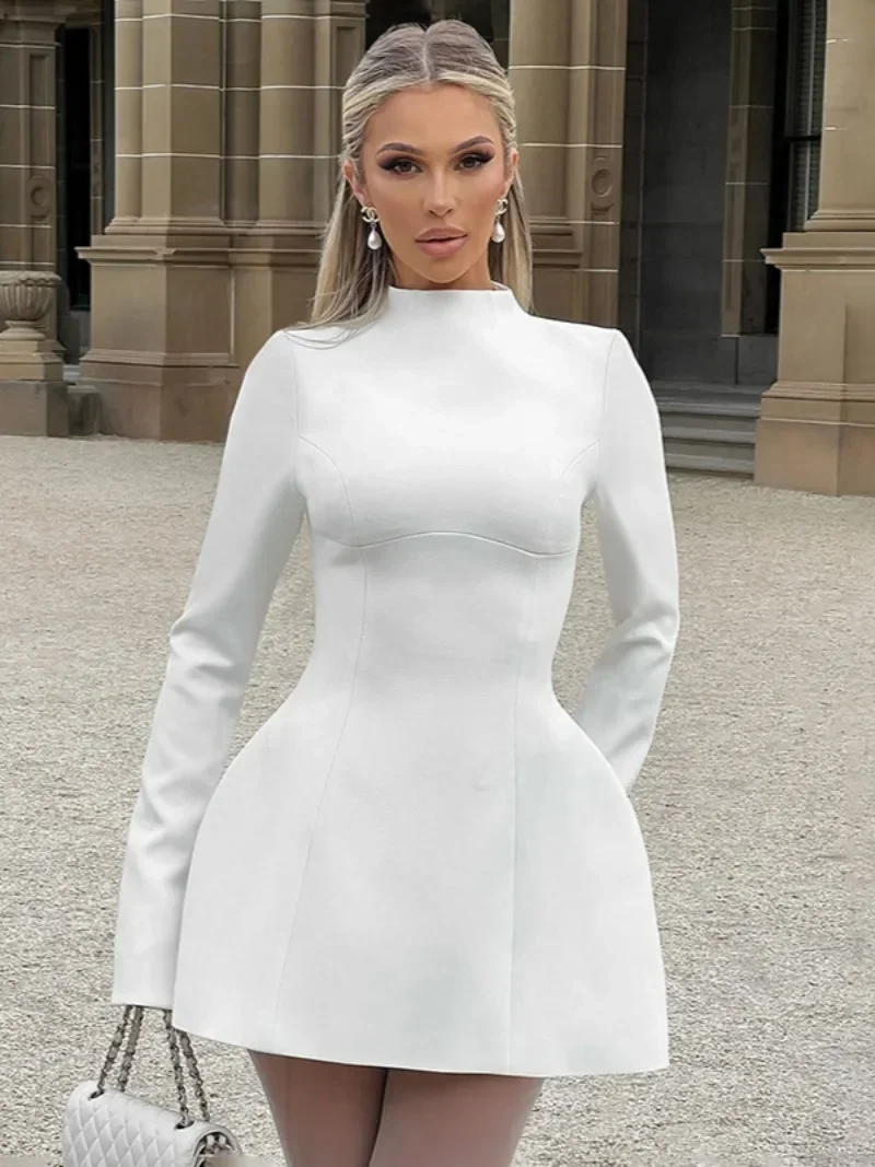 Fashion Long Sleeve Backless High Waist Short Dress Women Autumn Tunics Backless Buttons Zip-up White Party Dresses High Street