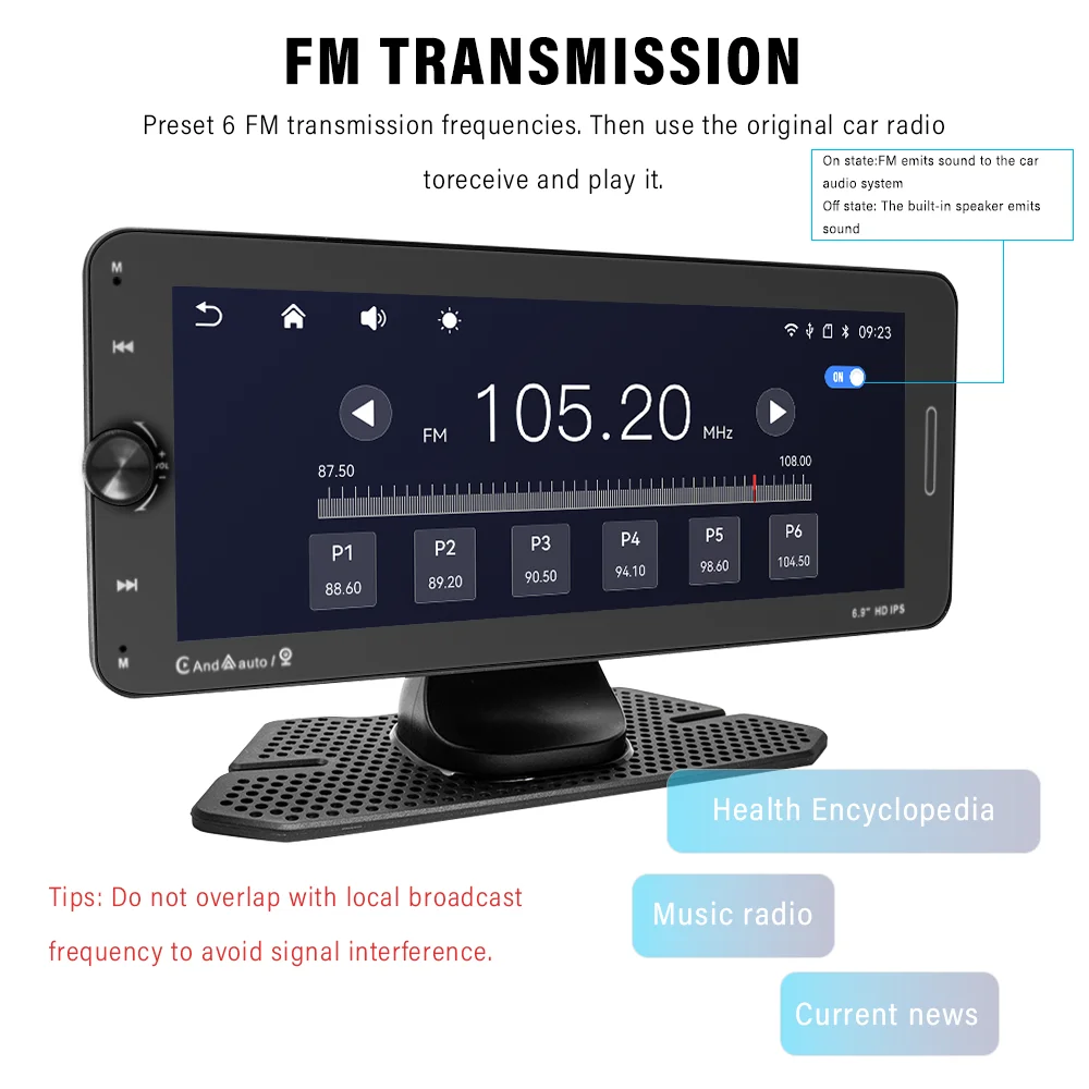 Przenośne 6.9 Cal Radio samochodowe Carplay bezprzewodowy wyświetlacz multimedialny odtwarzacz ekran dotykowy IPS HD lustro łącze FM transmitujące