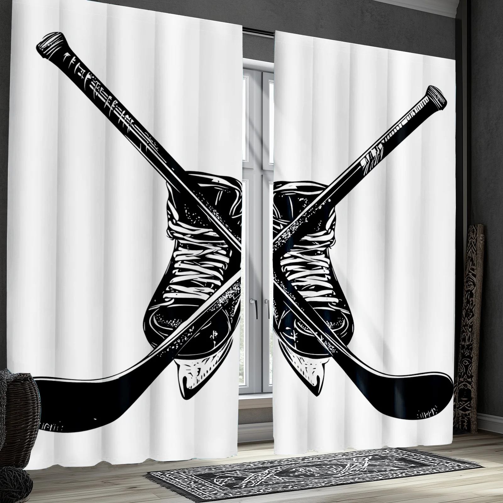 Sports Theme Curtain Hockey Sticks Shoes Pair Man Cave Room Decor Window Drapes Gift for Athletes Fans Game Lovers Black