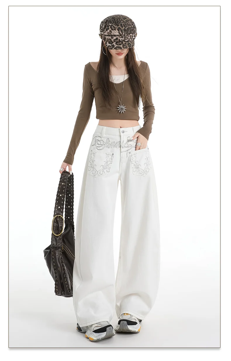 High Street Heavy Embroidery White Jeans Women's Design Sensation Small Counterpart Ba ket Straight Jeans