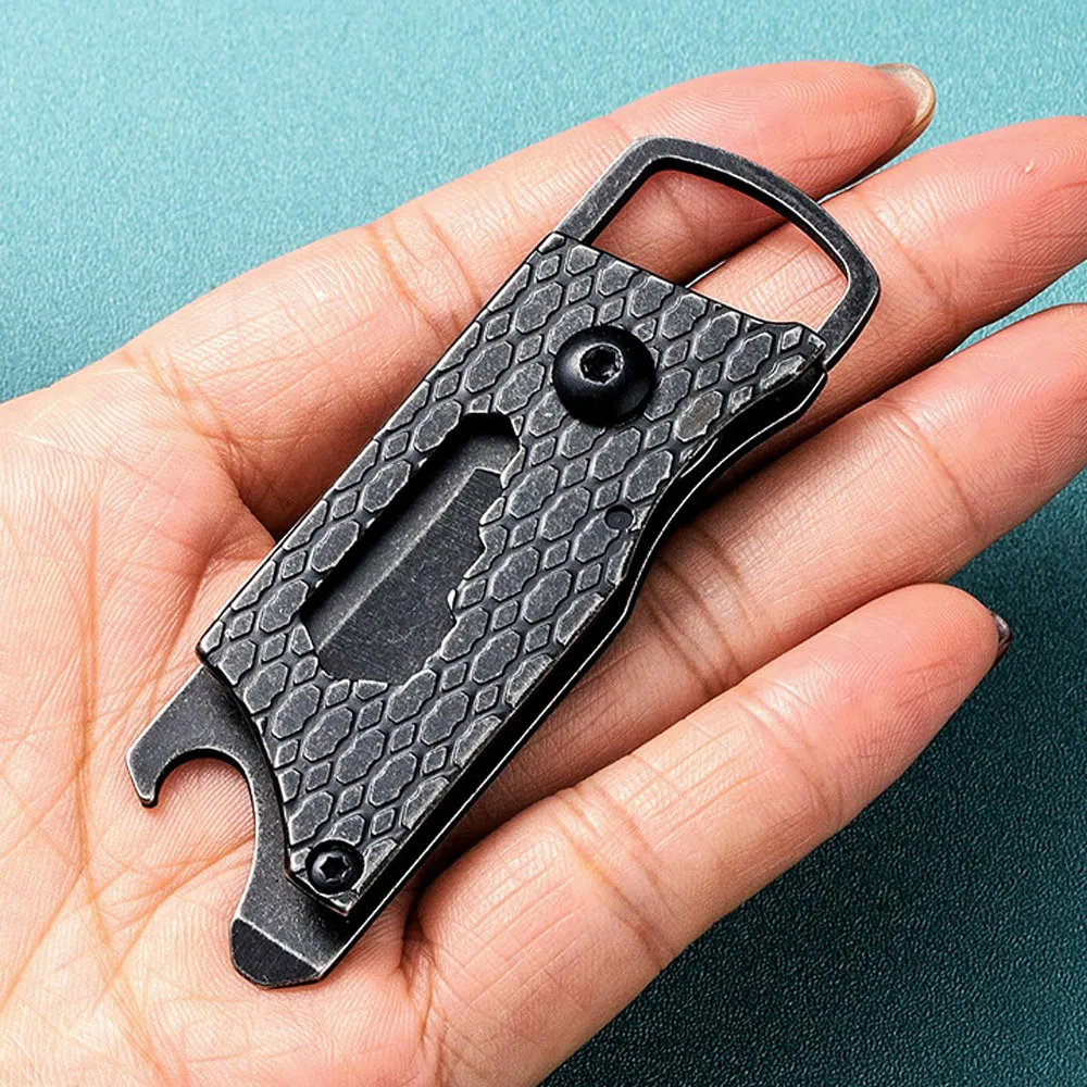 D2 Steel Keychain Folding Knife Stone Washing Portable Mini Pocket Knife with Bottle Opener Hex Wrench Camping Gear Multitool