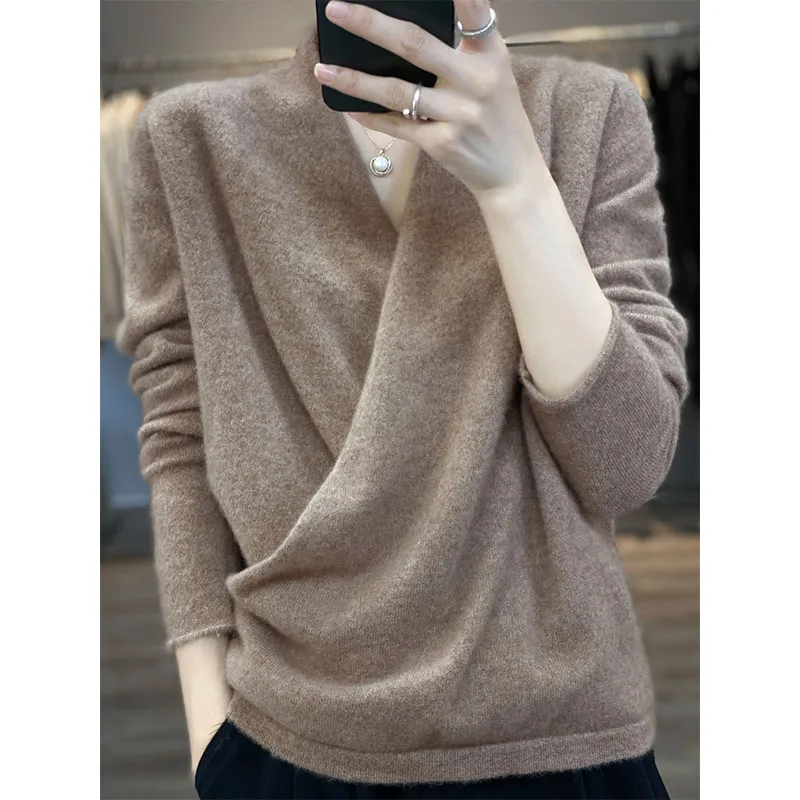 Autumn And Winter New Women\'s Big V-Neck Kimono Pure Wool Knitted Pullover Retro Fashion Loose Trendy Korean Version Rolled Top