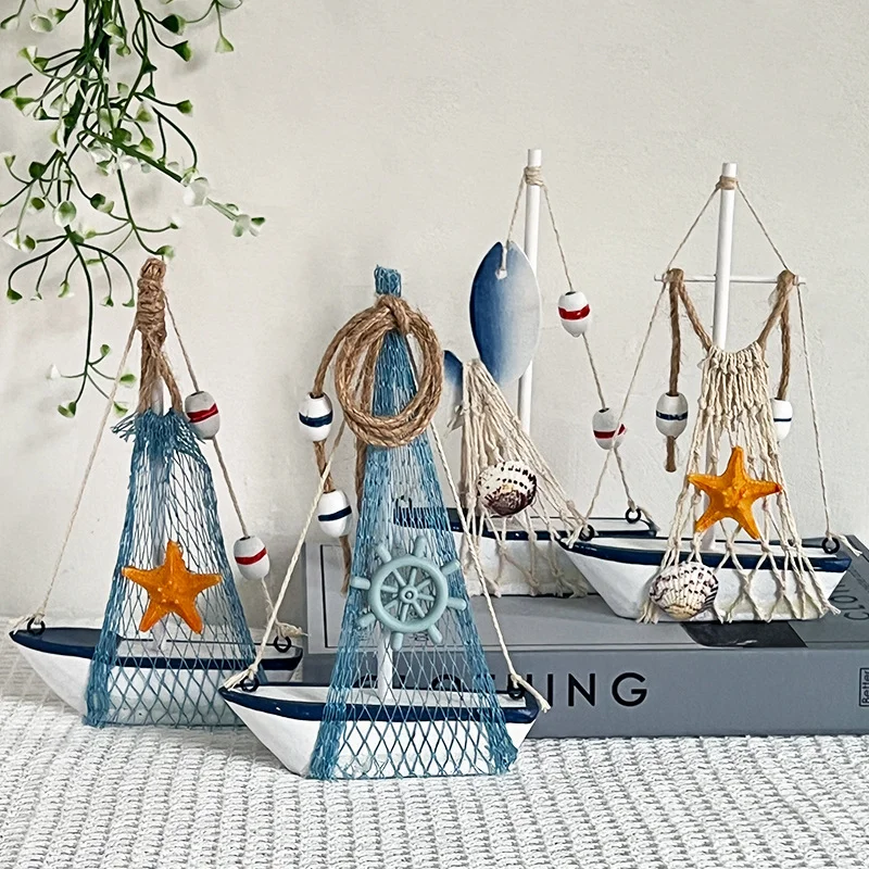 

Mediterranean 17CM Wooden Bead Sailboat Ornament Model Craft Shell Small Boat Home Living Dining Room Decoration