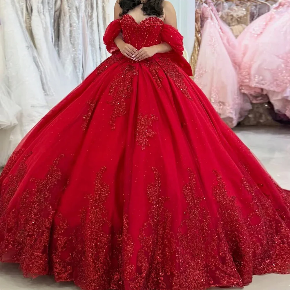 Customized Red Princess Ball Gown Red Quinceanera Dresses Off Shoulder Sweet 16 Prom Party Gowns