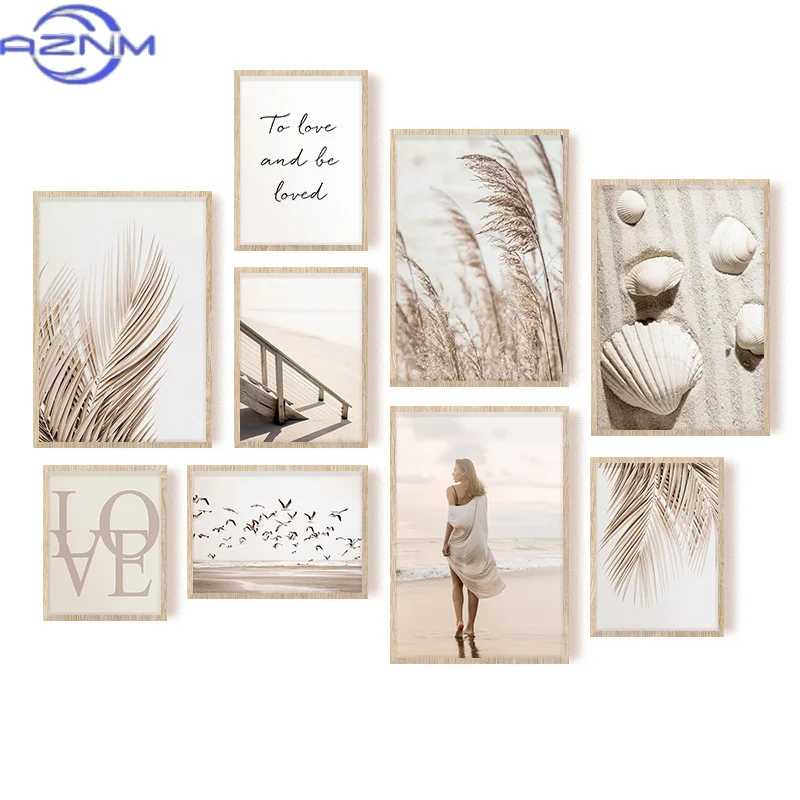 AZNM Beige Beach Love Girl Shell Canvas Wall Art Poster Landscape Leaf Reed Decorative Print Painting Nordic Pictures for Living